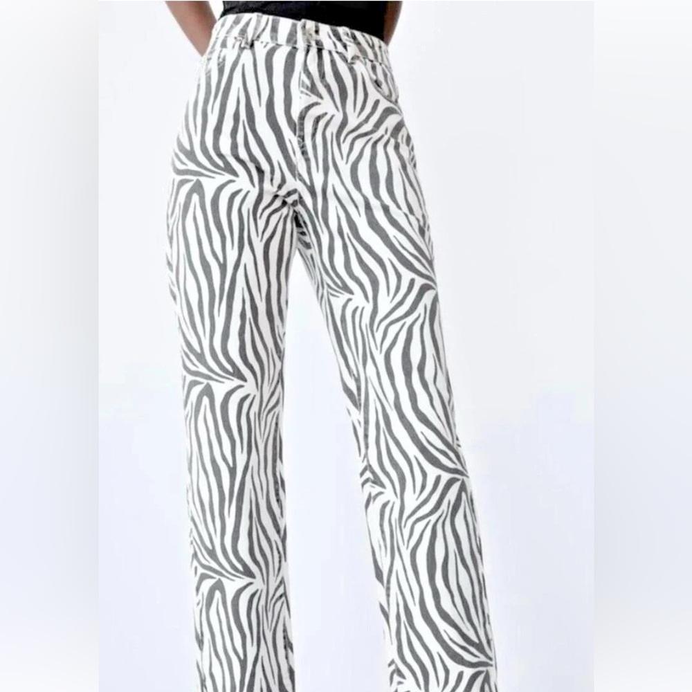 Zara Black and White Zebra Print Straight Leg Jeans